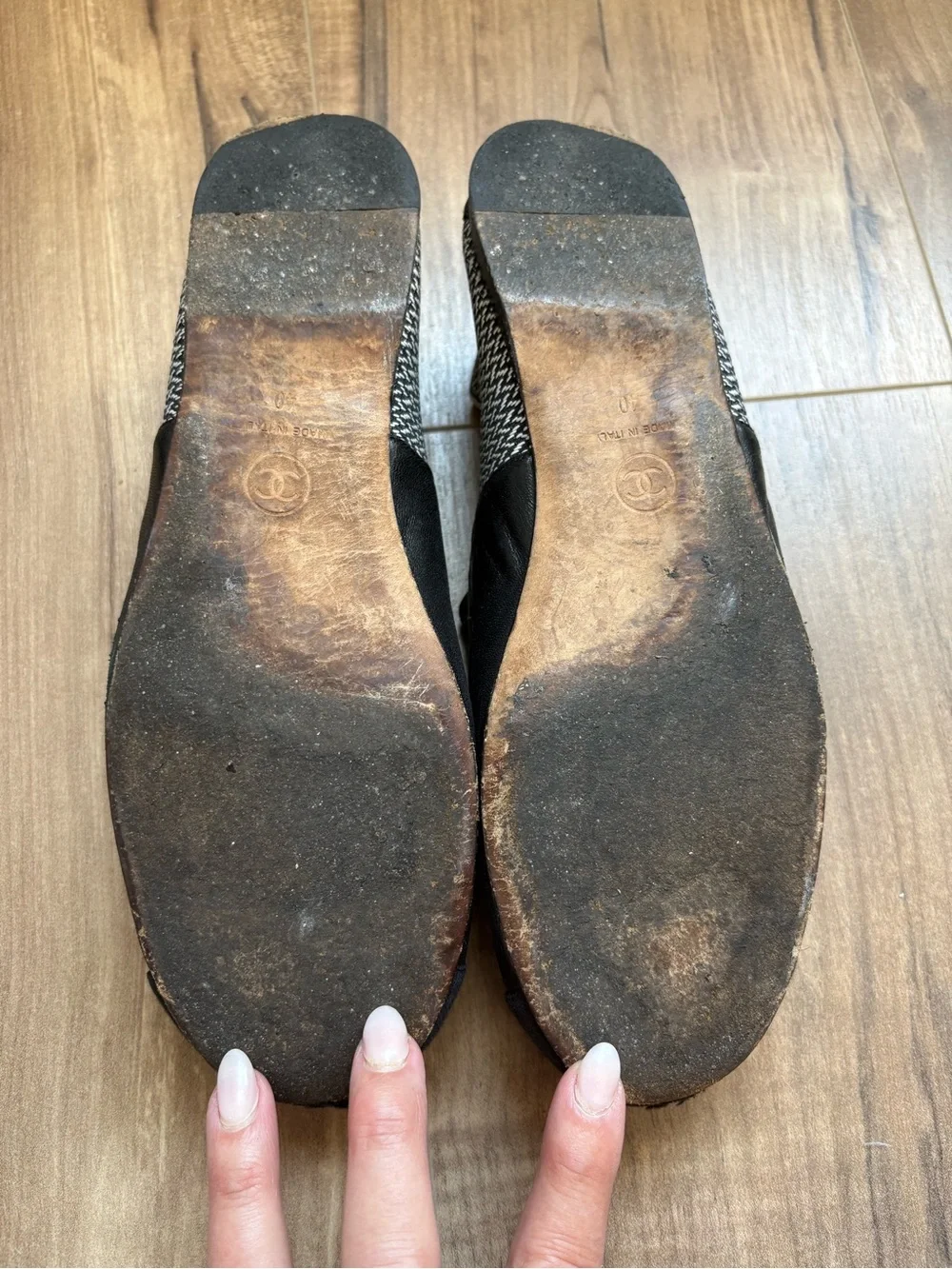 CHANEL Black Leather Camellia Slip-On Flats